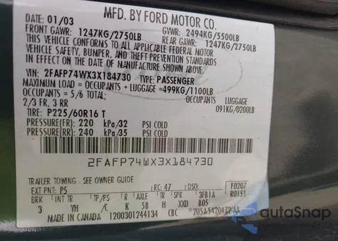 2003 Ford Crown Victoria Lx из США, поврежденный, VIN 2FAFP74WX3X184730